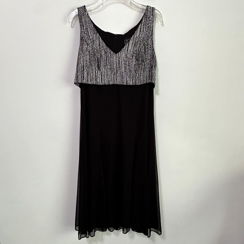 Alex Evenings Dress 10 Black Chiffon Tank Silver Sparkle Dinner Party‎ Cocktail